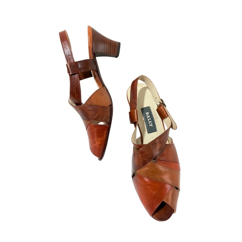 Bally Bacula Vintage Brown Patchwork Leather Slingback Block Heel Sandals 38